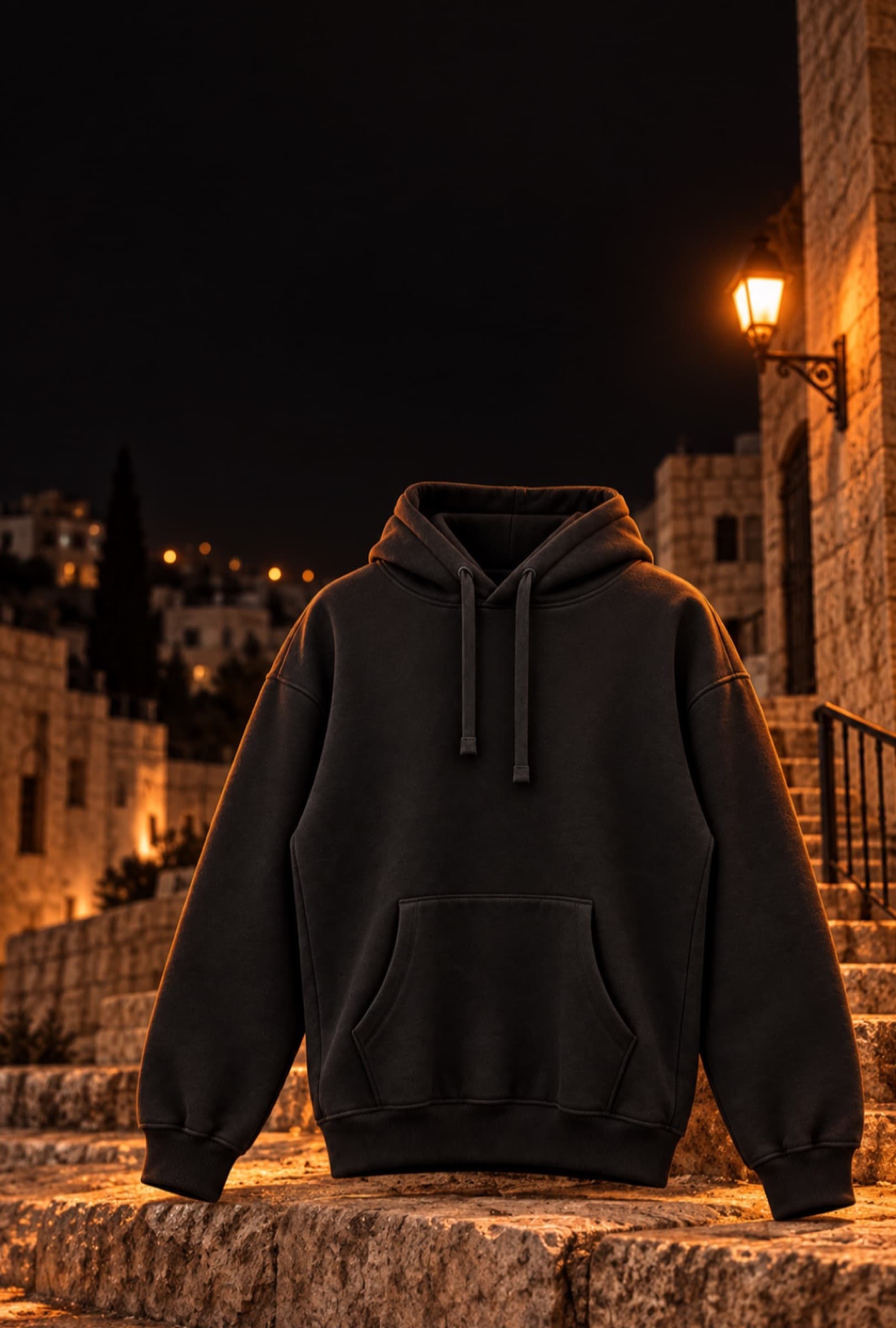 A black Rankup hoodie on stone steps in Amman at night
