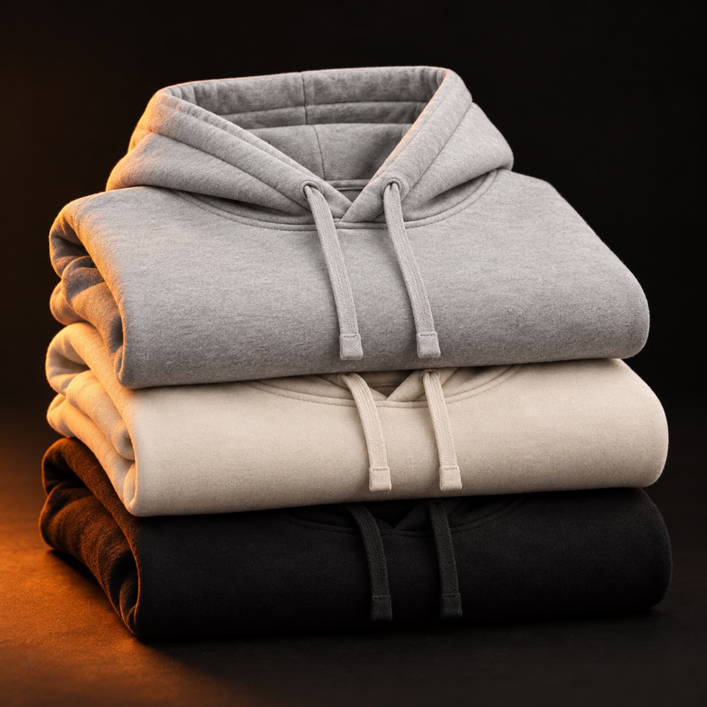 Three folded hoodies stacked: grey, sand and black